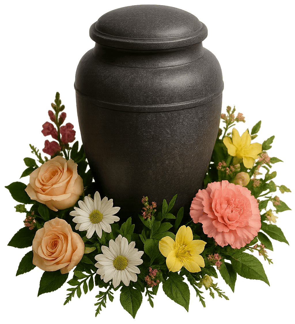 Black cremation urn surrounded by a colorful floral arrangement including roses, daisies, and carnations
